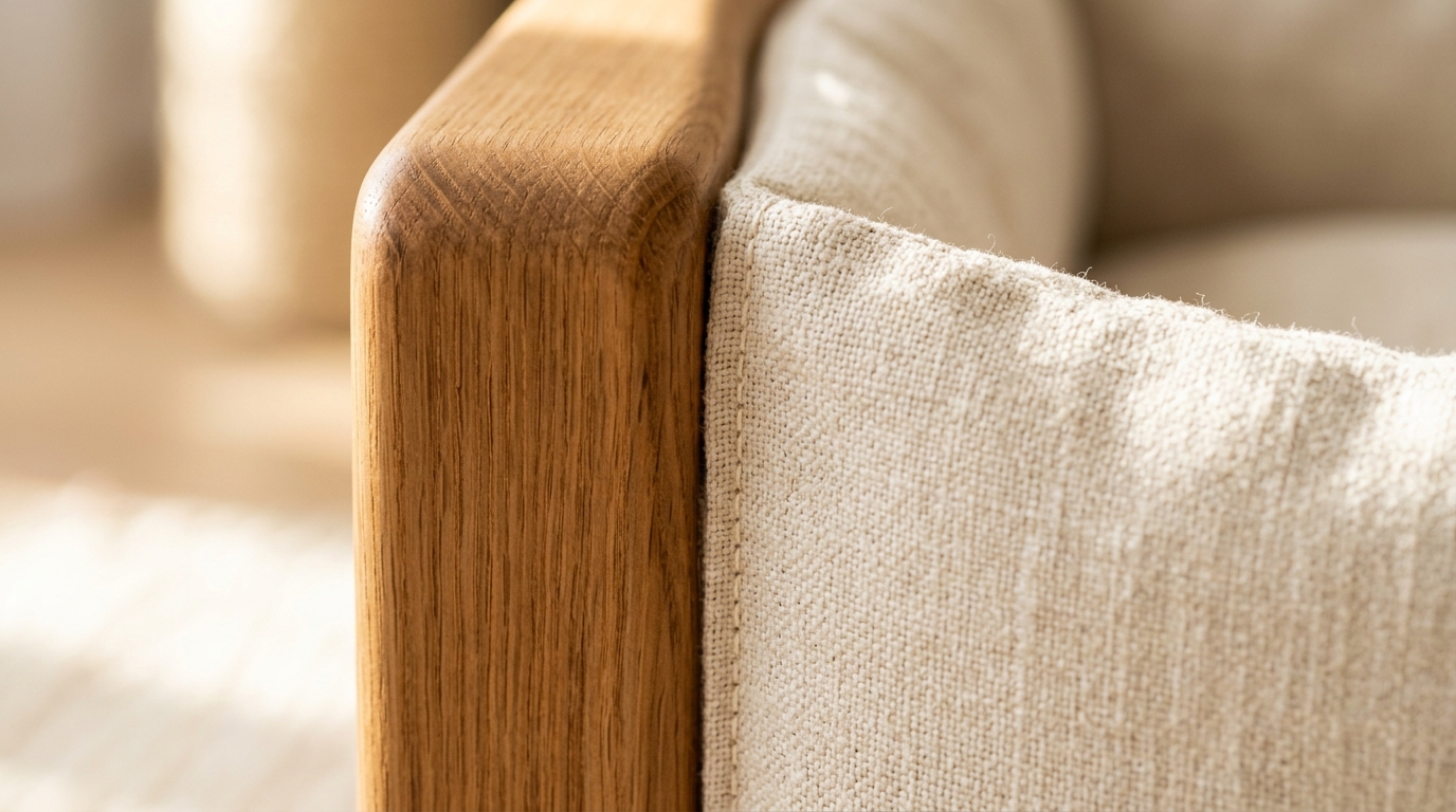 Macro shot of warm oak and linen